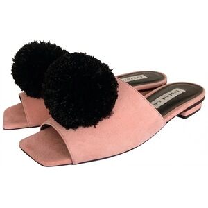 Eugenia Kim Pink Slide Sandals with Black Pom Pom